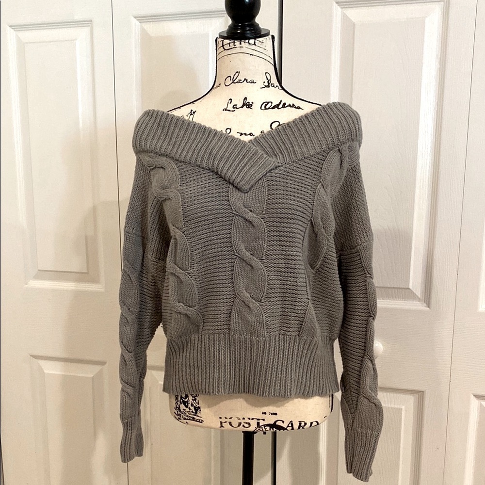 Alya Deep V neck Off the Shoulder Gray Cable Knit Sweater Cozy - Picture 8 of 8